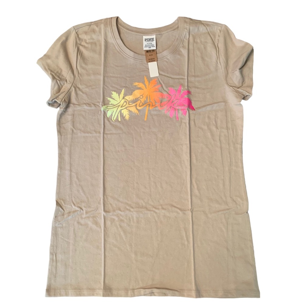 Victoria’s Secret PINK Palm Tree Shine Tee Shirt size medium Beige